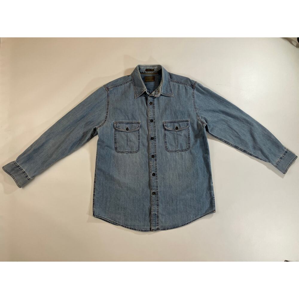 St. John's Bay Men M Blue Denim Button Up Shirt 100% Cotton Double Chest Pocket